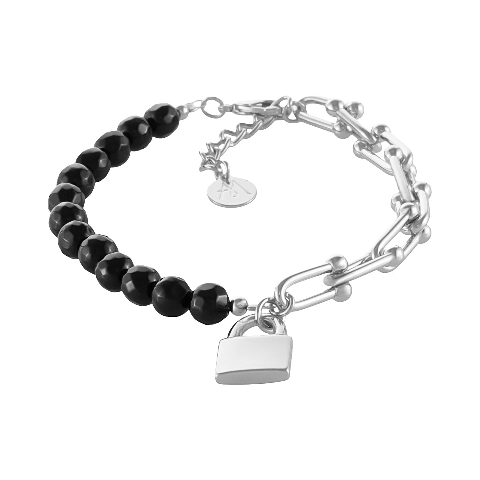 Bransoletka z onyksów i łańcucha z kłódką Aria Rockstar Collection  (B25/NUT/03AG)